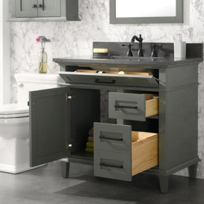 Cato 36" Blue Limestone Top Bathroom Vanity Cabinet - Pewter Green with Drawers & Ceramic Sink