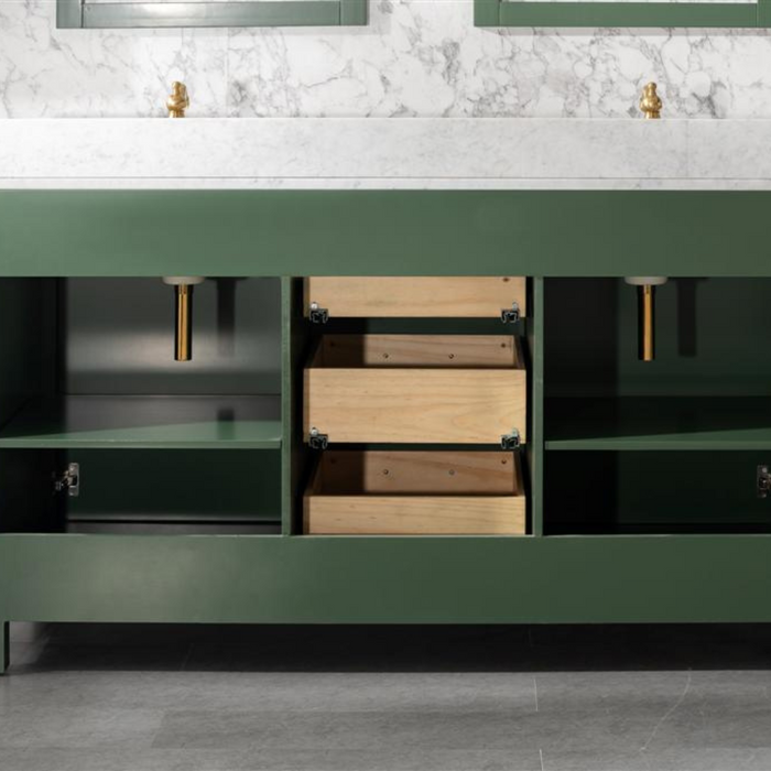 60" Seva Green Finish Double Sink Bathroom Vanity Cabinet with Carrara White Marble & 3 Drawers