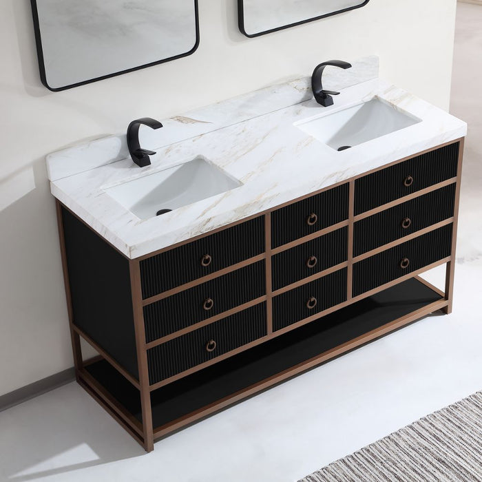 72" Double Vanity With Golden Brush Stainless Steel Frame And Tricorn Black Finish With 2' Thick White Natual Stone Top