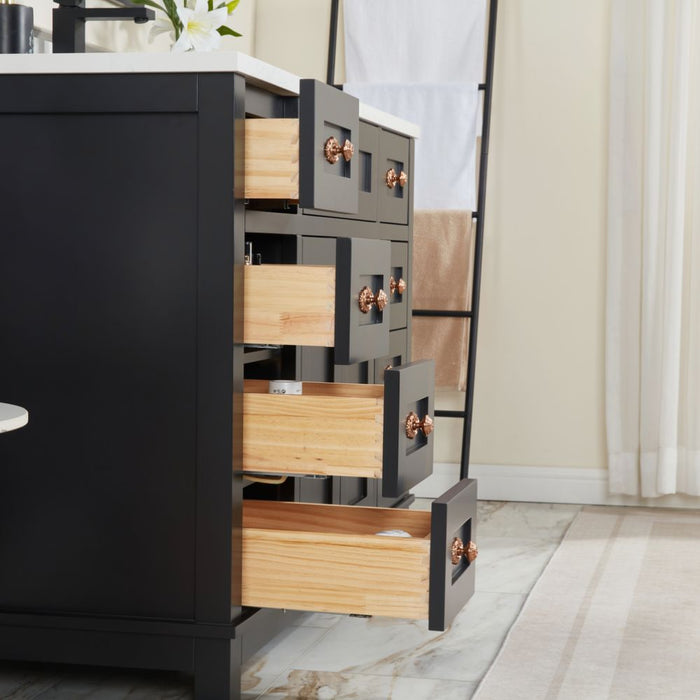Haversham 48" Tricorn Black Free-Standing Single Vanity - Solid Wood Construction with 8 Dovetail Drawers & Stone Top
