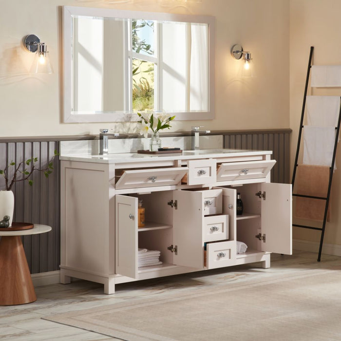 Cassandra 60" Solid Wood Bathroom Vanity White Finish Undermount Sink & Stone Top