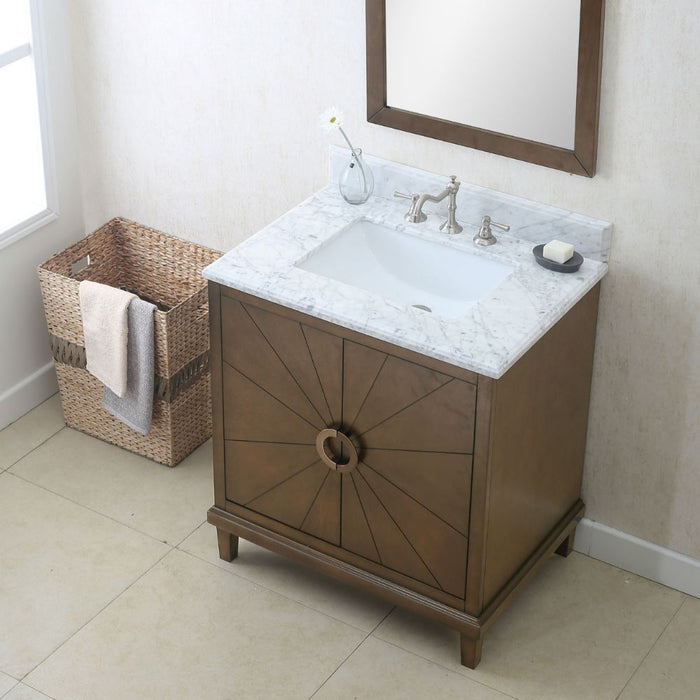 Odette 30" Antique Coffee Bathroom Vanity Cabinet – White Carrara Top Pre-Drilled for Faucets