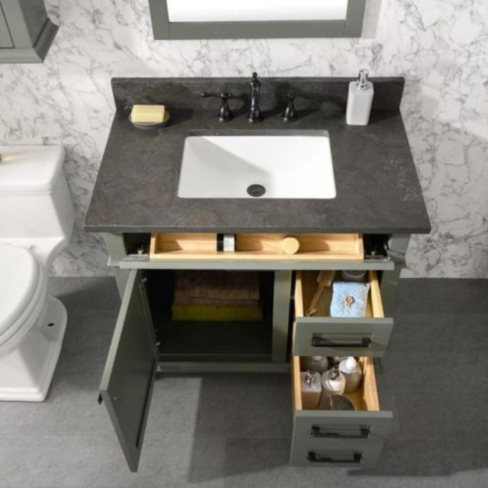 Cato 36" Blue Limestone Top Bathroom Vanity Cabinet - Pewter Green with Drawers & Ceramic Sink