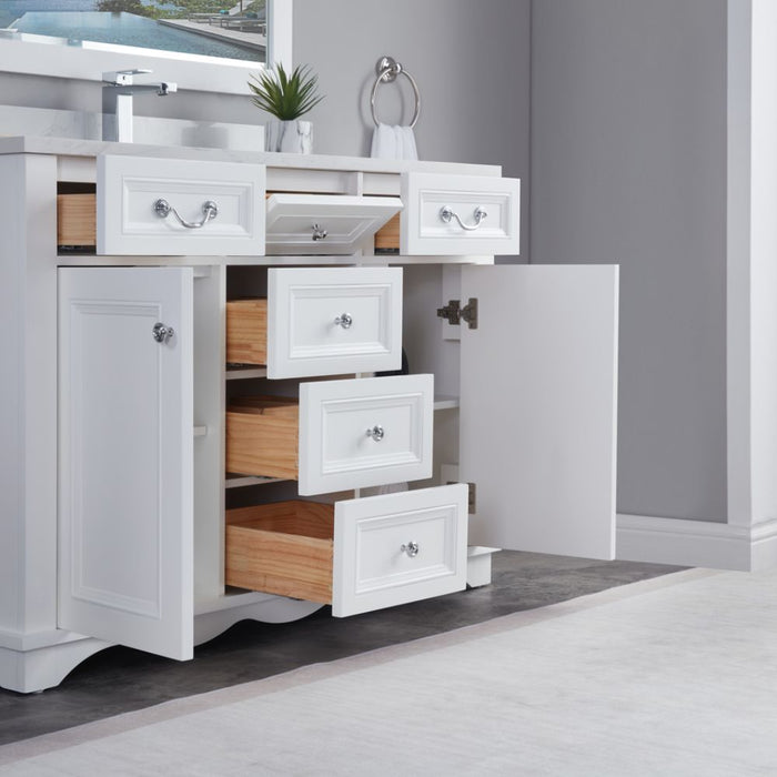 Arielle 48" White Wood Single Sink Vanity Cabinet - Artificial Stone Countertop, Soft-Close Doors & 5 Drawers