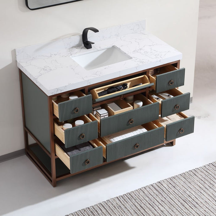 Luxury Line 48" Pewter Green 8-Drawer Bathroom Vanity – Golden Brush Steel Frame Thick White Artificial Stone