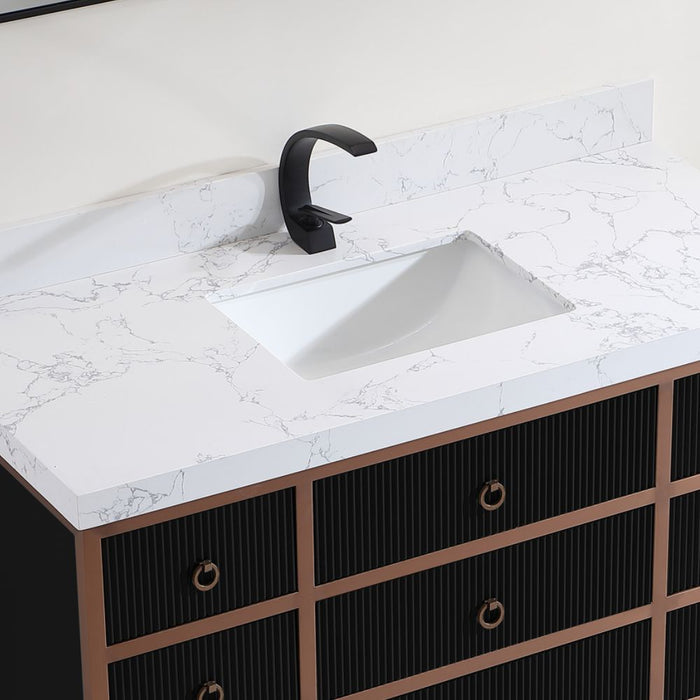 Fannie 48" Tricorn Black Oak Wood Bathroom Vanity with Golden Stainless Steel Frame - 8 Drawer Storage