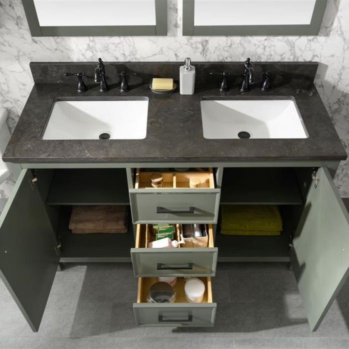 Mars 54" Modern Double Sink Bathroom Vanity Pewter Green Finish Blue Stone Top with Storage Cabinet and Drawers