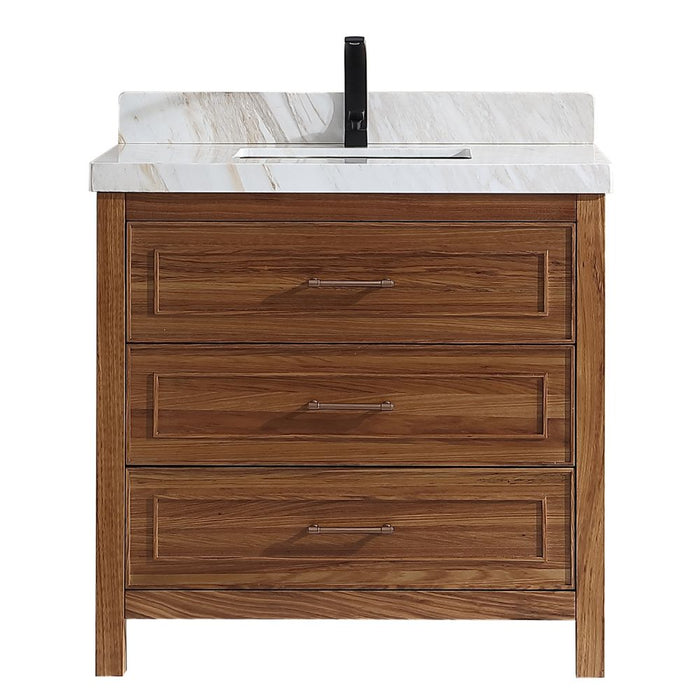 36" White Natural Marble Bathroom Vanity - Contemporary Wood Frame with Ceramic Sink