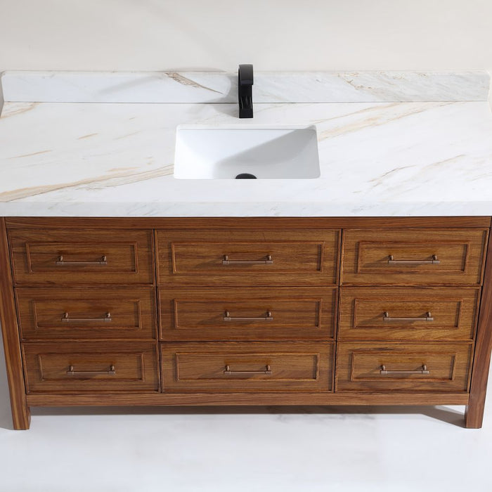 60" Ebony Single Sink Vanity – Modern Freestanding with 2" White Marble Countertop & Ceramic Basin