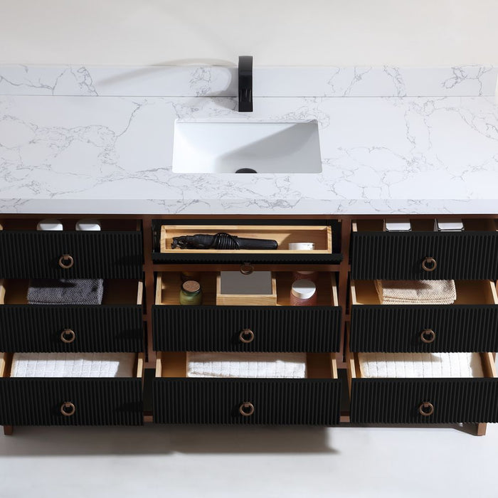 Alena 60" Single Tricorn Black Golden Brush Vanity – Contemporary Oak Frame with White Stone Top