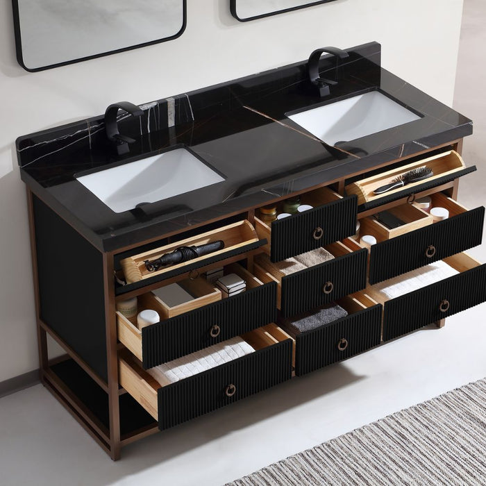 72" Double Vanity With Golden Brush Stainless Steel Frame And Tricorn Black Finish With 2' Thick Black Natual Stone Top