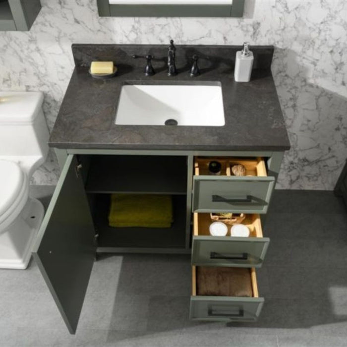 Sohan 36" Single Sink Vanity in Pewter Green - Blue Limestone Top, Pre-Drilled, 3 Drawers with Organizer