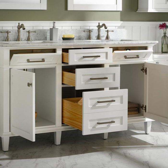 Sandrine 60" White Wood Double Vanity – Carrara Top & Storage Drawers