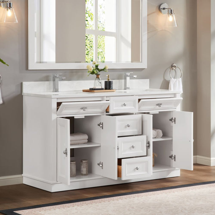 Aveneil Classic 60" White Solid Wood Single Sink Bathroom Vanity with Artificial Stone Top and Soft-Close Drawers