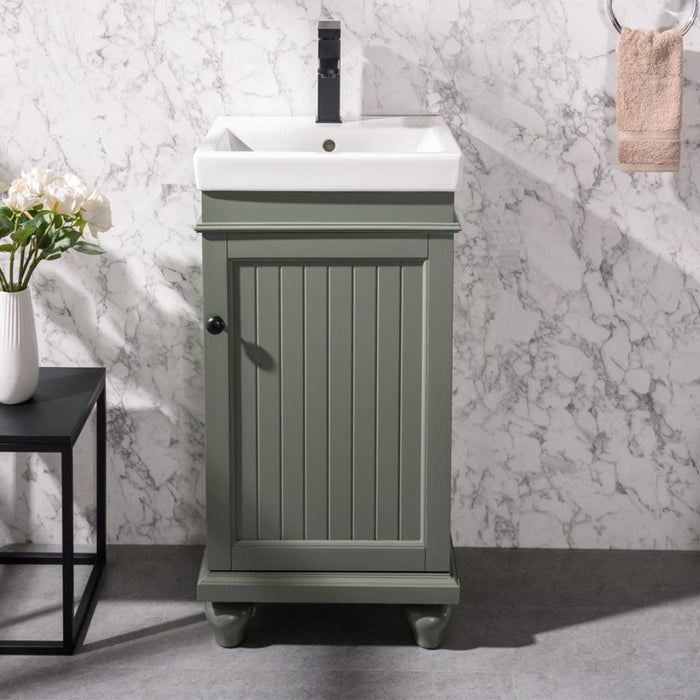 18" Avalon Green Single Sink Vanity Cabinet – Solid Poplar with White Ceramic Top & Pre-drilled Faucet Hole