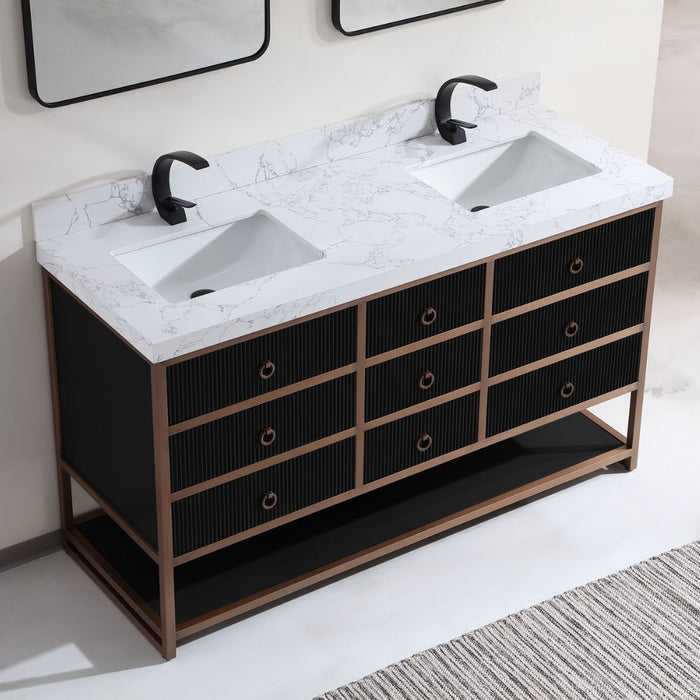 Kalinda 72" Modern Double Bathroom Vanity – Tricorn Black Golden Steel Frame White Stone Top