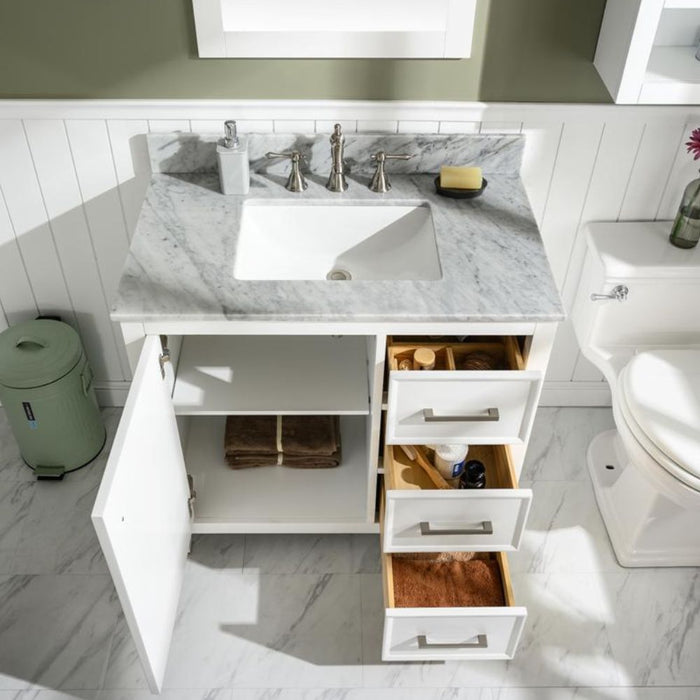 Calirette 36" White Single Sink Vanity with Carrara White Marble Top - 3 Drawer Storage