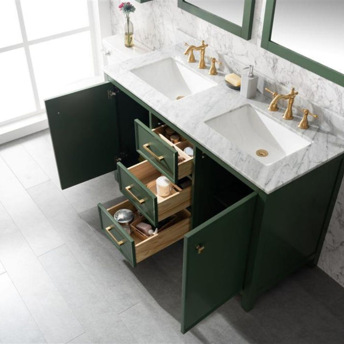 Monte 54" Green Wood Double Vanity Cabinet - With White Carrara Marble Top