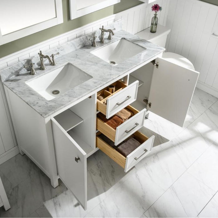Barnstorm 54" White Modern Double Sink Bathroom Vanity with Carrara Marble Top & Storage Drawers