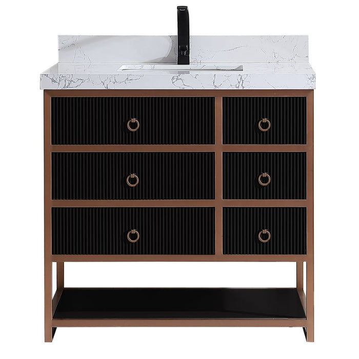 FusionBath Premium 36" Tricorn Black Oak Wood Vanity – Golden Brushed Steel Frame with White Artificial Stone Top & Soft-Close Drawers