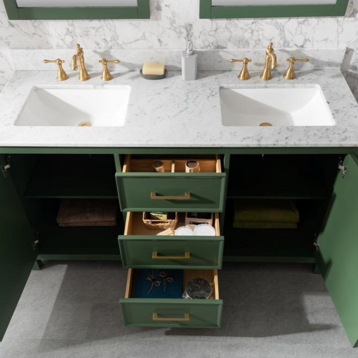 60" Seva Green Finish Double Sink Bathroom Vanity Cabinet with Carrara White Marble & 3 Drawers