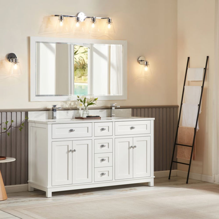 Miren 60" White Classic Solid Wood Bathroom Vanity with Artificial Stone Top, 6 Drawers & 4 Doors