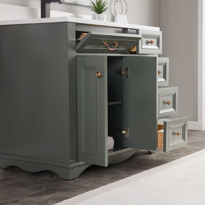 Sanaki 36" Solid Wood Bath Vanity French Contemporary Pewter Green Finish with Artificial Stone Top & 4 Drawers