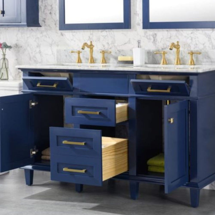 Herzen 54" Blue Wood Double Sink Vanity – Carrara Top & Soft Close Drawers
