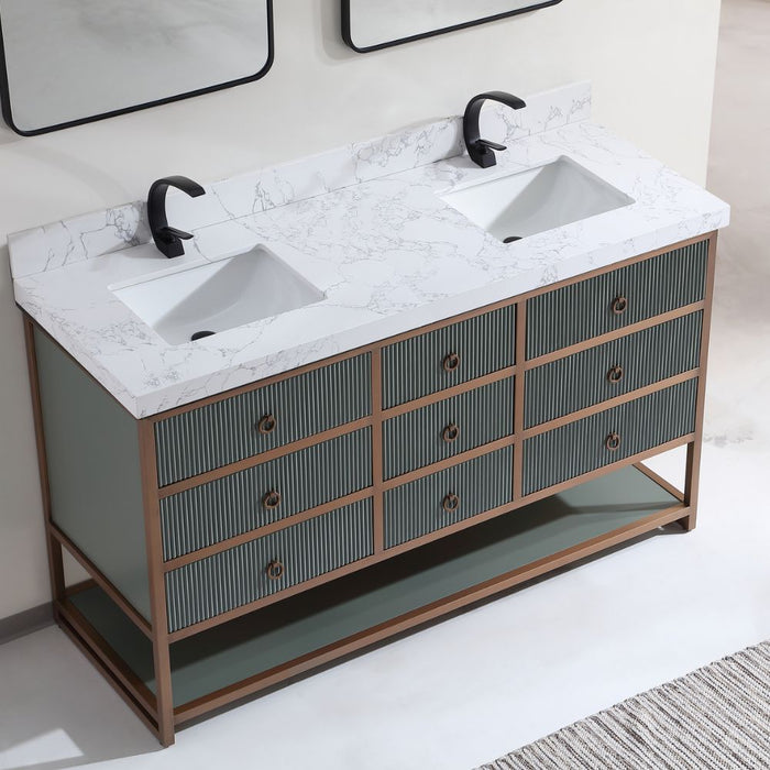 Apollonia 72" Double Bathroom Vanity in Pewter Green Oak – Contemporary Style with Stainless Steel Frame & 2" Artificial Stone Top