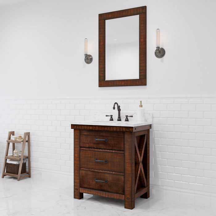 30 Inch Crest Rustic Sienna Single Sink Vanity Carrara White Marble Top and Rectangular Mirror Included