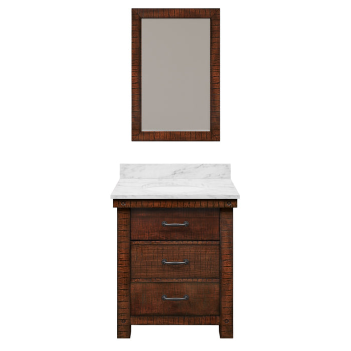30 Inch Crest Rustic Sienna Single Sink Vanity Carrara White Marble Top and Rectangular Mirror Included