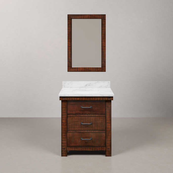 30 Inch Crest Rustic Sienna Single Sink Vanity Carrara White Marble Top and Rectangular Mirror Included