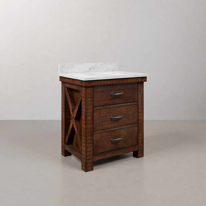 30 Inch Crest Rustic Sienna Single Sink Vanity Carrara White Marble Top and Rectangular Mirror Included