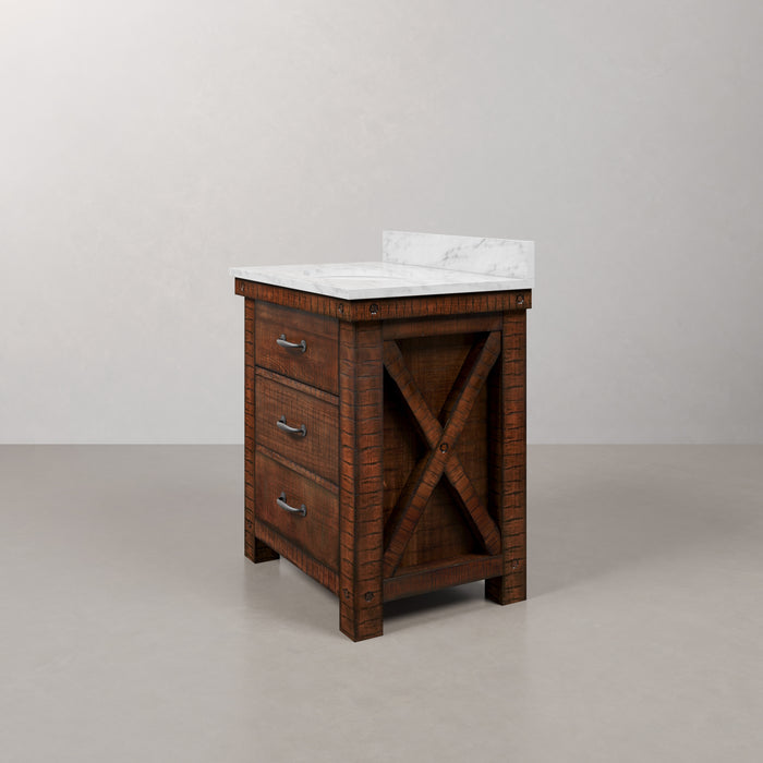 30 Inch Crest Rustic Sienna Single Sink Vanity Carrara White Marble Top and Rectangular Mirror Included