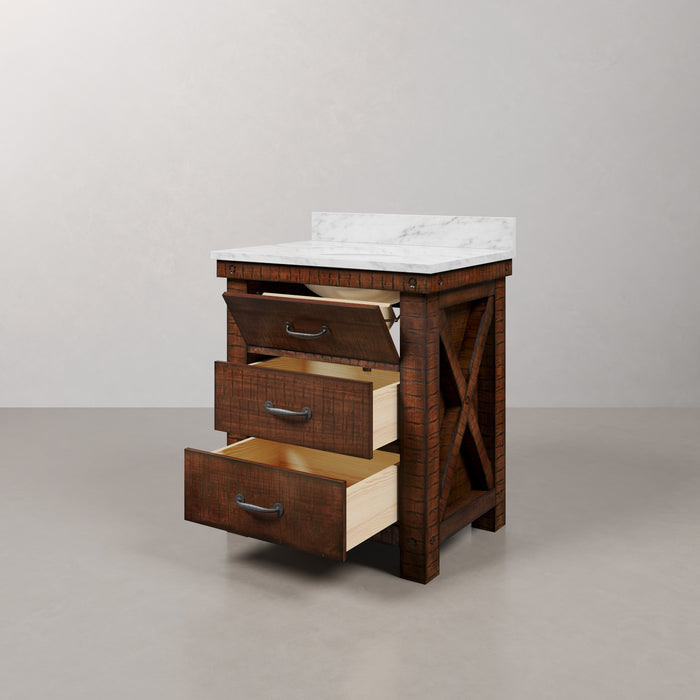 30 Inch Crest Rustic Sienna Single Sink Vanity Carrara White Marble Top and Rectangular Mirror Included