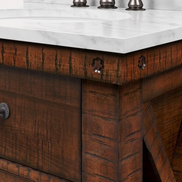 30 Inch Crest Rustic Sienna Single Sink Vanity Carrara White Marble Top and Rectangular Mirror Included