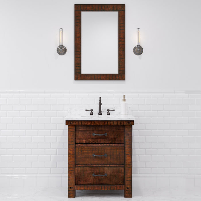 30 Inch Crest Rustic Sienna Single Sink Vanity Carrara White Marble Top and Rectangular Mirror Included