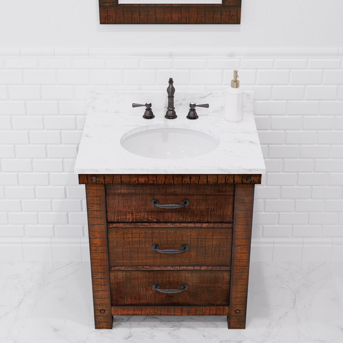 30 Inch Crest Rustic Sienna Single Sink Vanity Carrara White Marble Top and Rectangular Mirror Included