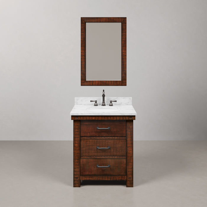 30 Inch Single Sink Cosmo Carrara White Marble Bathroom Vanity in Rustic Sienna with Oil Rubbed Bronze Hook Faucet and Rectangular Mirrors