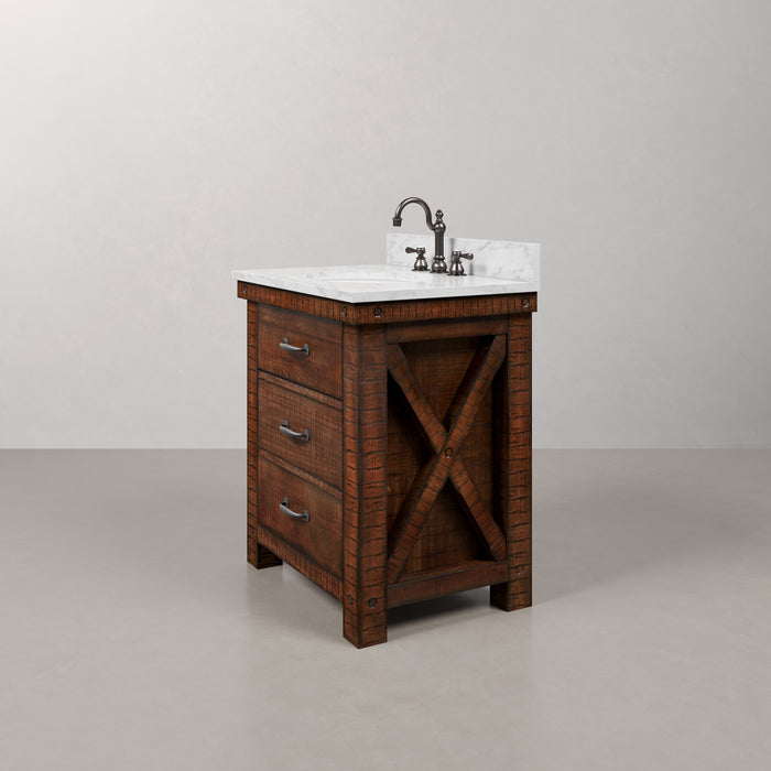 30 Inch Single Sink Cosmo Carrara White Marble Bathroom Vanity in Rustic Sienna with Oil Rubbed Bronze Hook Faucet and Rectangular Mirrors