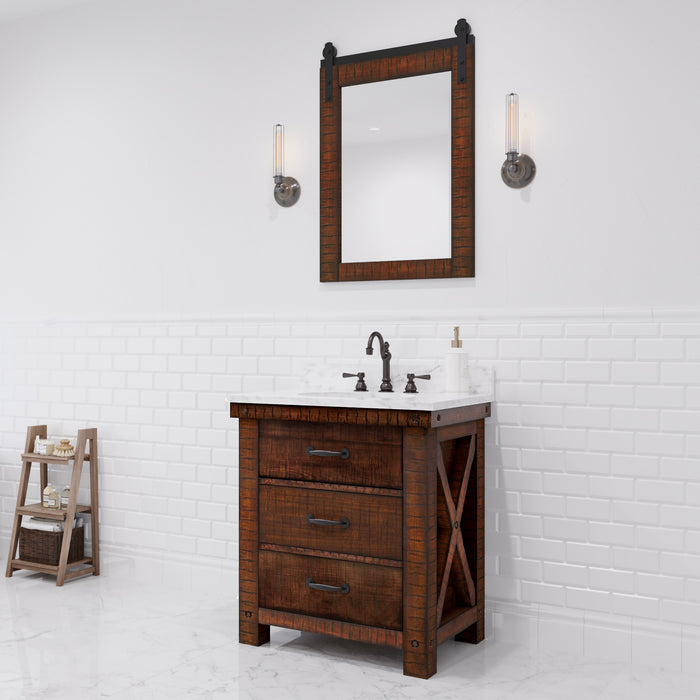 30" Carrara Corsair White Marble Single Sink Bathroom Vanity Rustic Sienna Wood Finish with Oil Rubbed Bronze Faucet and Barn Door Style Mirror