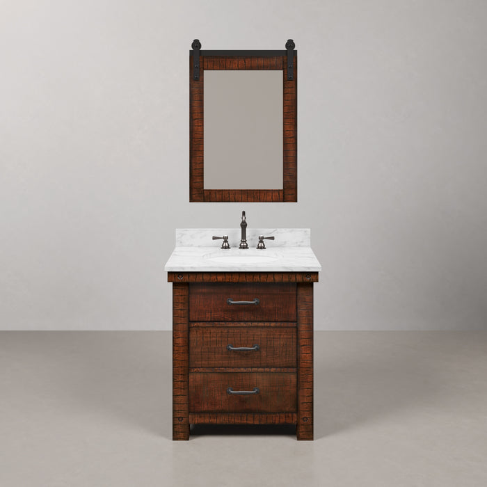 30" Carrara Corsair White Marble Single Sink Bathroom Vanity Rustic Sienna Wood Finish with Oil Rubbed Bronze Faucet and Barn Door Style Mirror