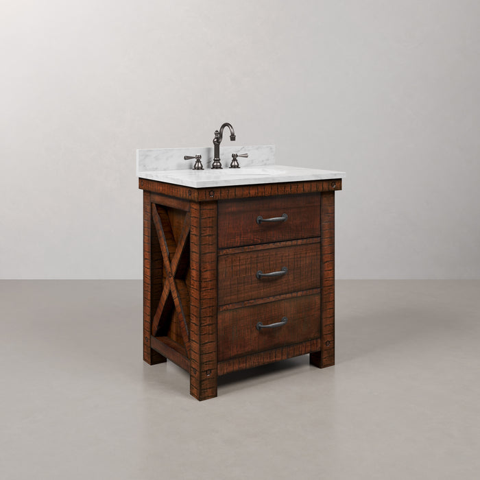 30" Carrara Corsair White Marble Single Sink Bathroom Vanity Rustic Sienna Wood Finish with Oil Rubbed Bronze Faucet and Barn Door Style Mirror