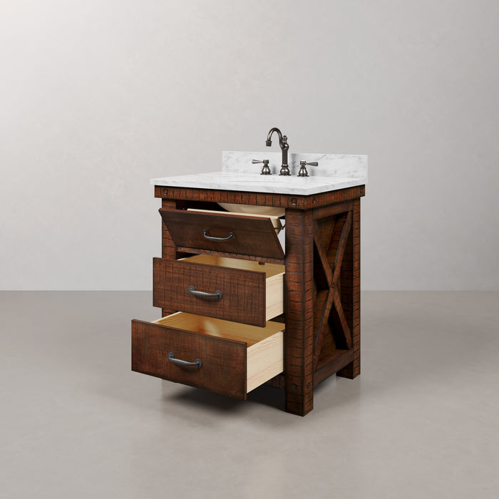 30" Carrara Corsair White Marble Single Sink Bathroom Vanity Rustic Sienna Wood Finish with Oil Rubbed Bronze Faucet and Barn Door Style Mirror