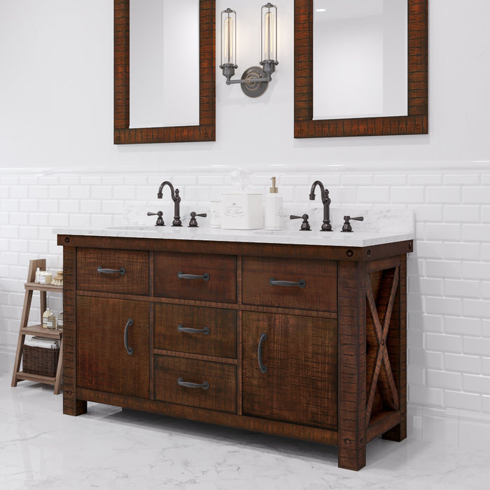60 Inch Dapper Carrara White Marble Double Sink Bathroom Vanity Rustic Sienna