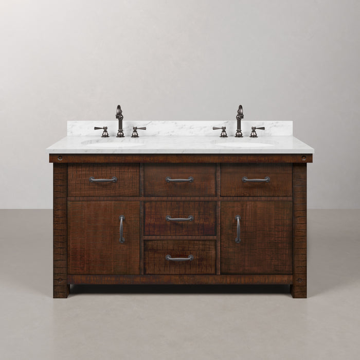 60 Inch Denali Double Sink Carrara Marble Bathroom Vanity Rustic Sienna Wood Finish with Oil Rubbed Bronze Hook Faucets