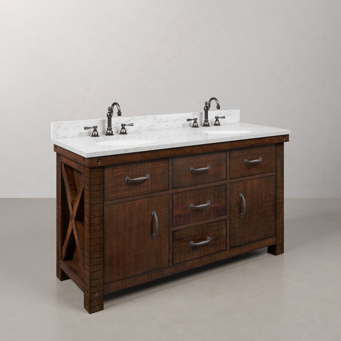 60 Inch Denali Double Sink Carrara Marble Bathroom Vanity Rustic Sienna Wood Finish with Oil Rubbed Bronze Hook Faucets