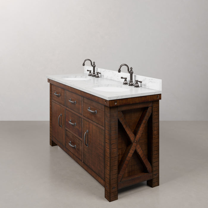60 Inch Denali Double Sink Carrara Marble Bathroom Vanity Rustic Sienna Wood Finish with Oil Rubbed Bronze Hook Faucets