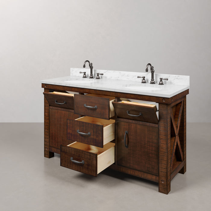 60 Inch Denali Double Sink Carrara Marble Bathroom Vanity Rustic Sienna Wood Finish with Oil Rubbed Bronze Hook Faucets