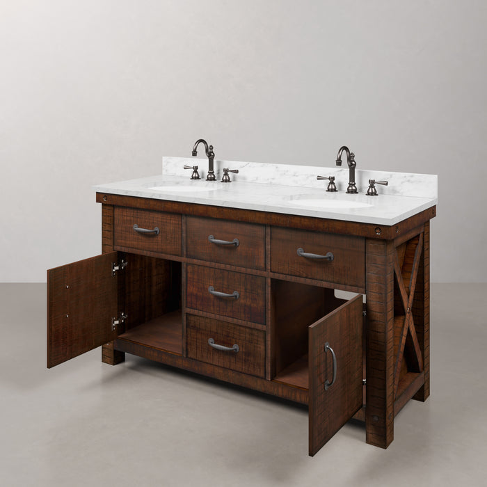 60 Inch Denali Double Sink Carrara Marble Bathroom Vanity Rustic Sienna Wood Finish with Oil Rubbed Bronze Hook Faucets